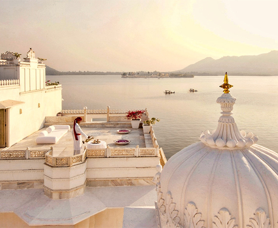 Sundowners or afternoon tea with a lake view from the terrace at the Taj Lake Palace, Udaipur